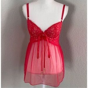 Victorias Secret Red Lace Sheer Babydoll Lingerie Size 36C